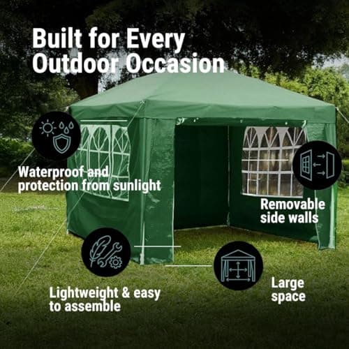 Gr8 Garden 3x3m Gazebo Tent with Removable Sides | Outdoor Waterproof Party Tent Canopy | Garden Marquee Shelter for BBQ, Festival, Camping & Beach | Camping Tent Awning Shade l Green — view 3