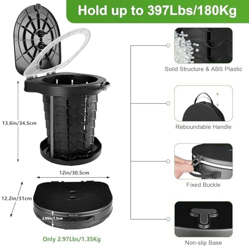 Folding Camping Toilet with Storage Bag, 13.6" H, Load 180kg, Black — view 3