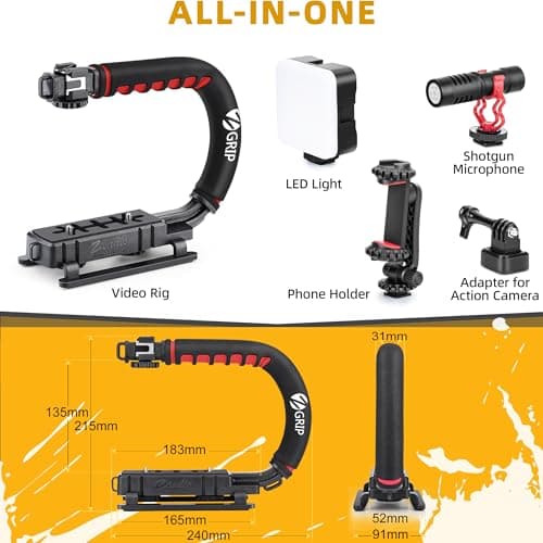 Zeadio Video Handheld Stabilizer, All-in-One Vlogging Camera Handle Grip Rig Kit with Dimmable LED Video Light, Microphone, Phone Holder, Action Camera Adapter for Camera DSLR and All Smartphones etc — view 2