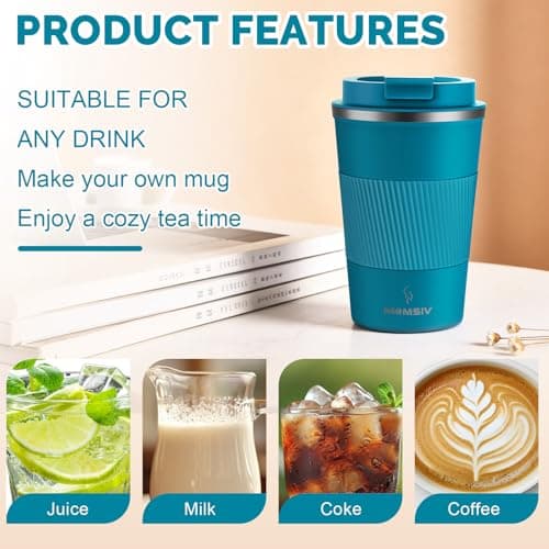 MOMSIV Coffee Cup, Insulated Coffee Cup with Leakproof Lid, Non-Slip Vacuum Reusable Stainless Steel Eco-Friendly Travel Office Mug for Hot and Cold Water Coffee and Tea, 380ml/13oz(Blue) — view 4