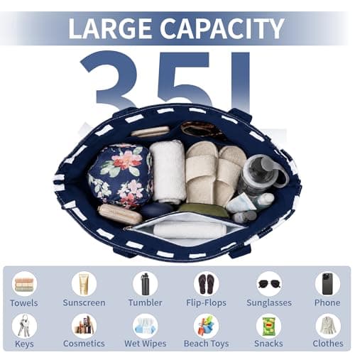 TAHAVICE Large Beach Bags for Women, Waterproof Summer Beach Tote Bag with Zip and Wet Compartment, Holiday Lightweight Bags for Travel, Pool (Navy Strip) — view 5