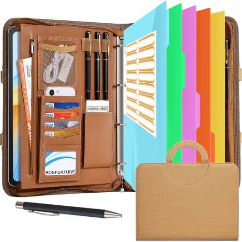 BONFORTURE Portfolio Folder A4 with Magnetic Handle, Vegan Leather Zipper Conference Folder 4-Ring, Multi-Pockets Document Holder for Work Travel Business School Office, Light Brown