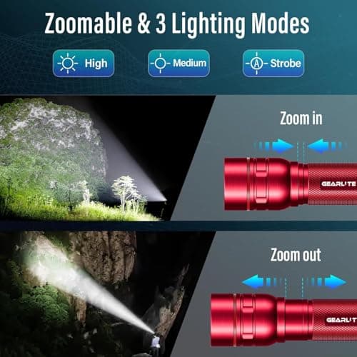 GEARLITE Rechargeable LED Torch, 2000LM Torches LED Super Bright with 3 Modes, Portable Small Torch with Battery, Waterproof Flashlight Zoomable for Power Cut, Emergency, Camping, Hiking, Outdoor-Red — view 5
