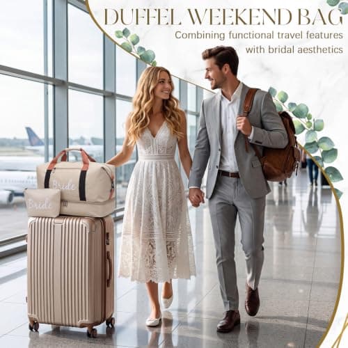 Eccliy 2 Pcs Bride Travel Bag Set Bridal Shower Gifts Shoulder Weekender Duffel Bag with Shoe Compartment and Makeup Pouch for Honeymoon Wedding Bachelorette Engagement Gifts — view 5