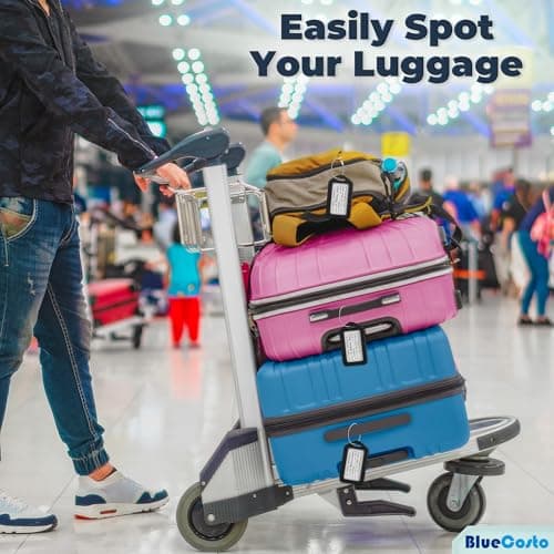 BlueCosto Luggage Tags (Small, Black, 10 PK) - Suitcase Tags w/Name ID Card & Heavy-Duty Metal Wire Loops - Bright Coloured PVC Tags for Travel Baggage - Backpack Name Labels — view 5