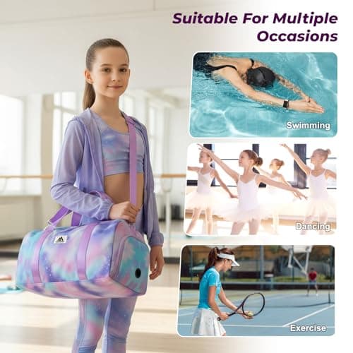 Flintronic Small Gym Bag for Girls Kids, Sports Duffel Bag for Gym, Gym Bag with Adjustable Shoulder Straps, Women's Fitness Bag with Shoe Compartment & Wet Pocket for Gym Swim Dance (Purple) — view 6
