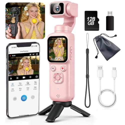 4K Gimbal Vlogging Camera with 330° Rotating Lens,1.72" Touchscreen,75MP Pocket Handheld Cam,WiFi App Control, EIS,Face Tracking,TF Card Included,Travel and Vlogging Daily Recording (pink,128GB)