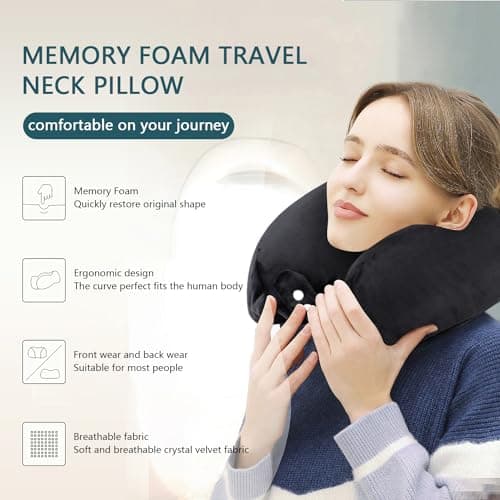 FEUFOAM Travel Pillow Neck Pillow With Velvet Cover Adjustable Airplane Pillow for Travel Sleeping Head and Neck Support Memory Foam Pillows for Adults Train Bus Office Home Black — view 2