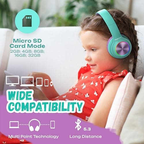 PowerLocus Kids Headphones, Bluetooth Headphones Over Ear for Kids, LED Lights, 74/85/94dB Safe Volume Limit Headphone, Micro SD/TF, Foldable with Hi-Fi Stereo, Built-in Mic for School/Tablet/Travel — view 5