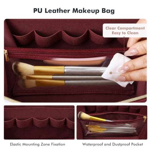 Prite Travel Makeup Bag Flat Lay Cosmetic Case with Brush Pocket, Red, L — view 4