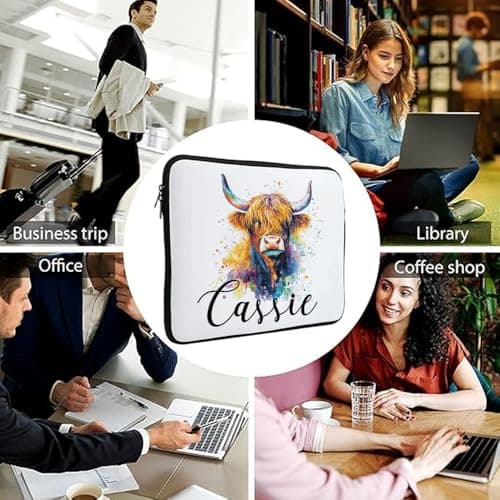 Personalised Colorful Highland Cow custom name gift for kids,Laptop Sleeve, Organiser, Laptop Case Office use. (14") — view 6
