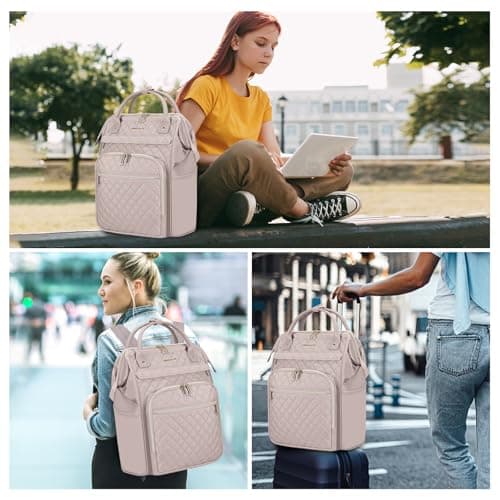 EMPSIGN 17 Inch Large Quilted Laptop Backpack for Women, Dusty Pink — view 6