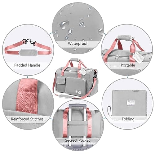flintronic Travel Duffel Bag, Foldable Gym Bag- Overnight Weekend Bags for Women Men, with Wet and Dry Separation, Large Capacity Holdall Bag for Sports and Travel - Grey & Pink — view 5
