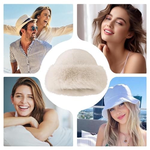 Qiaonan Women's Fur Hat, Winter Warm Hat, Women, Warm Soft Russian Faux Fur Hat, Thickened Fluffy Bucket Hat for Travel, Skiing, Hiking, Elegant Fashion Accessory, Cream Colored — view 4