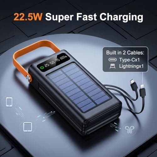 BEOSIOR Solar Battery Bank, 22.5W Fast-Charging Station 50000mAh Portable Charger with LED Light, Built-in Cables, PC, 4 Outputs, 3 Inputs for Phones, Tablets, Laptops, Camping, Hiking, Emergencies — view 2