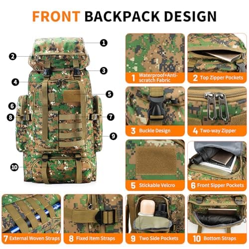 HUAXITRA Hiking Backpack Camping Military Tactical Backpack, 80L Waterproof Large Rucksack Travel Daypack for Men Women, Molle Rucksacks Climbing Backpack for Hunting Rucksack (Woodland Camo) — view 4
