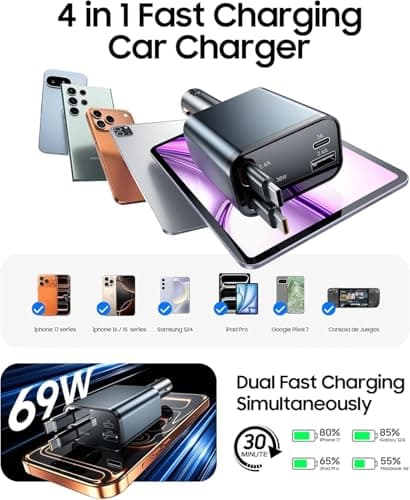 Retractable Car Charger, 69W 4 in 1 Fast Charger USB C Car Truck Accessories, Travel Essentials Gifts for Women Men, Car Accessories for iPhone 17 Pro Max Air 16 15 14 13 Plus,Galaxy,Pixel (Grey) — view 2
