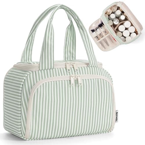 Narwey Large Toiletry Bag for Women, Travel Wash Bag Women for Full Size Toiletries, Wide Open Toiletries Bag Makeup Cosmetic Organizer Bag for Essentials Accessories (Mint Green Stripe)
