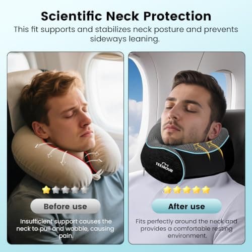 Teemour Neck Pillow Airplane Memory Foam Travel Pillow With Support Includes Storage Bag, Eye Mask, Earplugs, Adjustable Travel Pillow for Long Flights, Train, Car & Business Trips (Black) — view 3