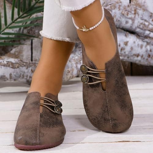 Sport Shoes Women Soft Leather Flats for Women Summer Lightweight Round Toe Orthopedic Walking Shoes Fashion Retro Dressy Ballet Loafers with Button Comfortable Suede Slip on Footwear Brown — view 4