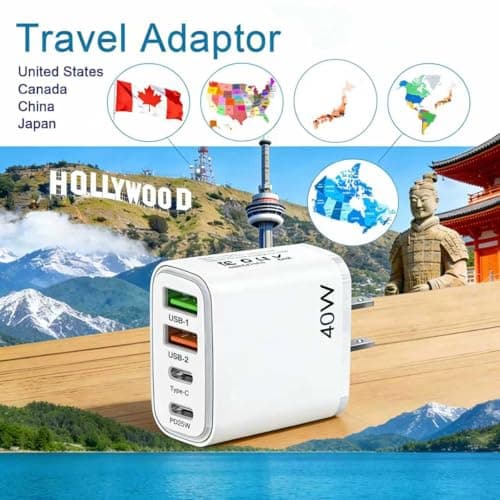 US travel adapter charger, US and Canada charger plug, 40W fast charger plug, with 2 USB-A and 2 USB-C fast charging ports, suitable for US/Canada/China/Japan — view 2