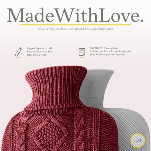 Hot Water Bottle - with Soft Premium Knitted Cover - Burgundy, 2L - Heating Pad for Menstrual Cramps and Period Comfort - Bed Foot Warmer - Hot & Cold Compress for Back, Stomach, Neck Pain Relief — view 3