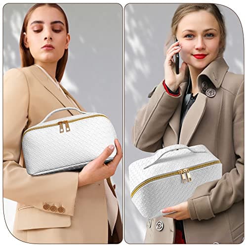 SFXULIX Large Capacity Travel Cosmetic Bag - Makeup Bag, PU Leather Waterproof Cosmetic Bag, Women Portable Travel Makeup Bag with Handle and Divider Flat Lay Makeup Organizer Bag, White — view 6