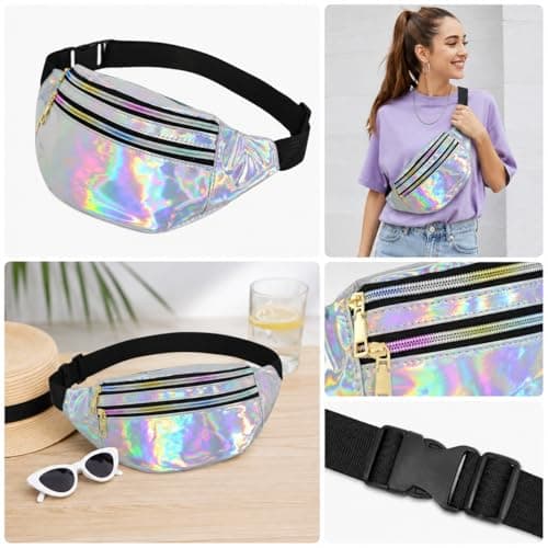 Fashion Metallic Bum Bag,Holographic Waist BagFanny Double Zipper Belt Bag Festival Rave Bumbags Waterproof Hip Pouch for Women Ladies Girls Travel Party Festival Sports Outdoor (Silver) — view 5