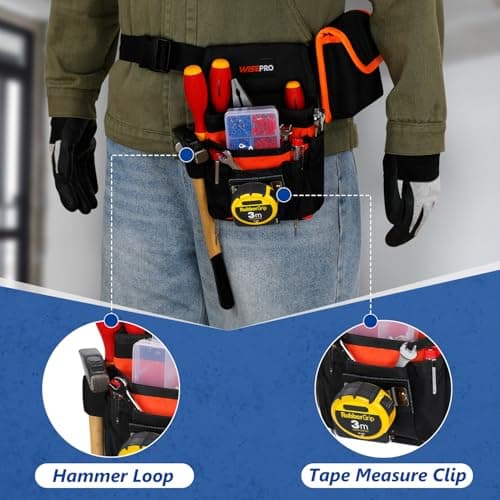 WISEPRO Tool Belt Bag, Waist Tool Pouch Set with Adjustable Nylon Belt, Multi-Pocket Tool Pouches 20-Pockets Tool Belt for Electrician, Carpenters, Gardeners, and Builders (Orange-Black) — view 2