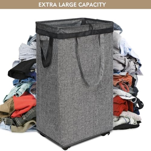 DOKEHOM 90L X-Large Rolling Laundry Basket Hamper on Wheels, Grey — view 4