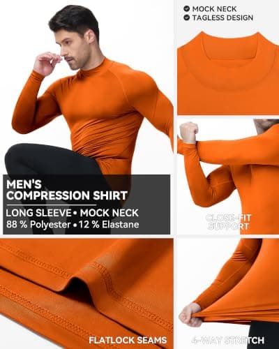 Runhit Orange Compression Shirt Men Long Sleeve Turtleneck, Quick Dry Running Base Layer Top Breathable Mesh Muscle Fit Tshirt for Cycling Fishing Workout Training M — view 4