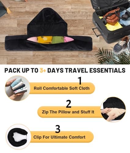 Lulttihy Stuffable Travel Neck Pillow with Hood, Soft Velvet Fabric,Black — view 3