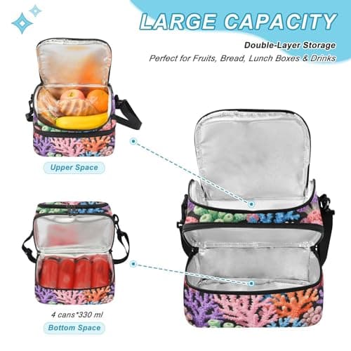 Caihoyu Double-layer Lunch Bag Colorful Corals Lightweight Leakproof Bags with Shoulder Strap for Beach, Camping, Road Trips — view 5