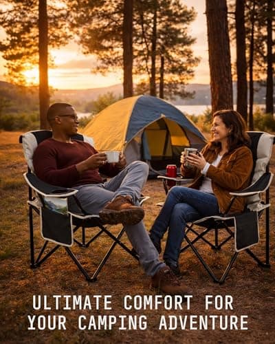 Voyager Folding Camping Chairs 2 Pack with Cooler Bag, Lightweight Q195 Steel Frame, 600D Oxford Fabric, Portable & Comfortable - Black (Black, Padded) — view 2