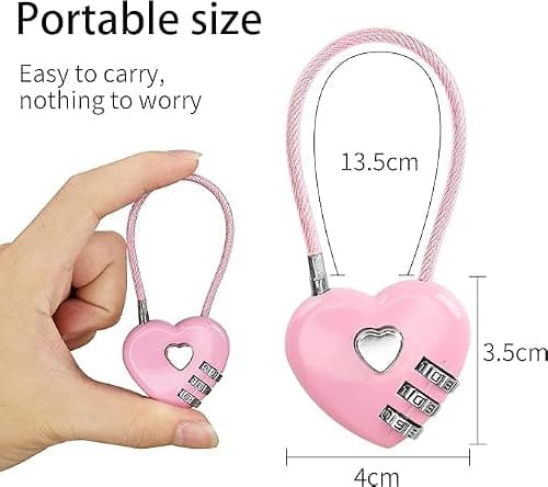 2 Pcs Pink Combination Lock, 3 Digit Heart Shaped Padlock for School Gym Locker,for TSA Approved Cable Luggage Locks, Sports Locker Lock, Luggage, Fence, Backpack, Valentine Gift, Luggage Accessories — view 6
