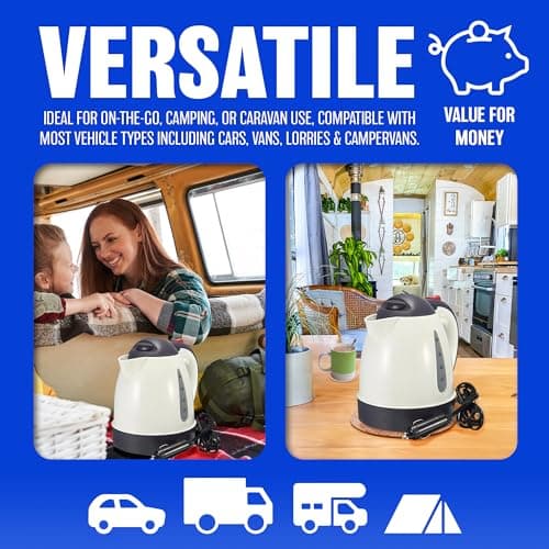 12V Electric Car Kettle - Travel, Camping, Caravan, Boiling Water | Ideal For Tea Coffee Hot Water | Fast Boil Lorry, Truck, Volt | Socket, Plug, Cigarette Lighter, Charger Portable — view 4