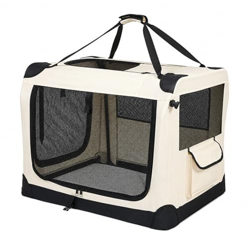 GOOGO Foldable Pet Carrier Bag for Cats & Dogs up to 12 kg, 60 x 42 x 42 cm, Soft Dog Travel Crate with Cushion, Oxford Fabric Steel Frame, 4-Side Mesh, Dog Car Carrier for Home, Camping (Beige)