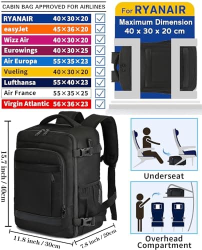 KLOSTAIN Ryanair Cabin Bags 40x30x20 Underseat 24L Laptop Hand Luggage Carry-On Bag Travel Backpack Fits easyJet Eurowings Wizz Air Black — view 2