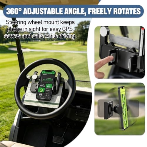 K-Gor Golf Cart Steering Wheel Phone Holder,Flip Up Cart Phone Mount with Scorecard Slot, 360° Adjustable Phone Holder for iPhone Android,Compatible with Club Car/Ezgo/Yamaha Models — view 3