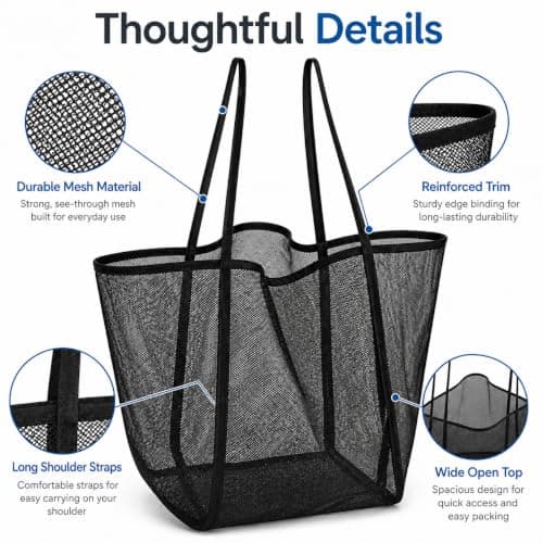 Crownflux Large Black Mesh Beach Bag for Men Women, Foldable Beach Tote — view 5