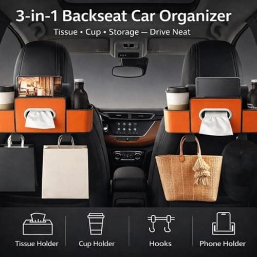 3-in-1 Car Backseat Organizer with Cup Holder, Car Seat Back Organizer, Multifunctional Car Seat Back Storage Box,Headrest Backseat Hanging Storage Box with Hooks for Travel & Daily Use (Beige) — view 2