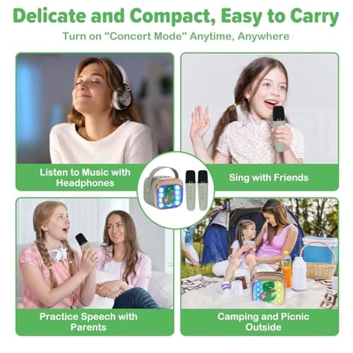 Mini Karaoke Machine Toys for Kids with 2 Wireless Microphones,Portable Bluetooth Speaker with Voice Changing Effects & LED Lights,Eliminate Original Sound,Gifts For Girls Boys Toddlers,Green — view 5