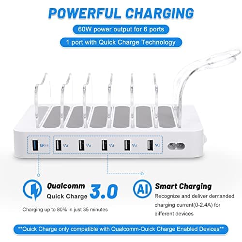 PRITEK Charging Station with 8pcs Short Charge Cables, 60W 6 Ports USB Charger Station Desktop Organizer Charging Dock Compatible for Phone Tablet Multiple Electronic Devices (White) — view 3