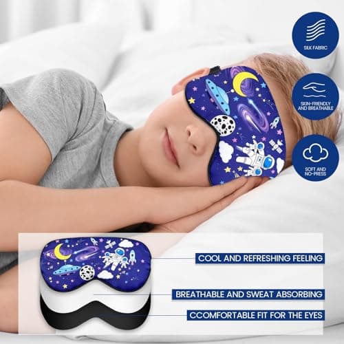 TeTupGa Blackout Kids Sleep Mask for Boys，2 Pack Silk Eye Mask for Sleeping with Adjustable Strap, Teens Children's Bedtime Eye Cover for Travel & Home Use (2 Pack Space Style) — view 3
