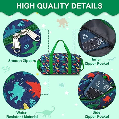 Kids Travel Duffel Bag Boys,19L Sport Bag with Wet-Dry Shoe Pocket,Dinosaur — view 3