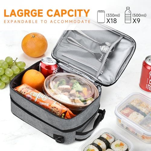 Kato Tirrinia Expandable Insulated Lunch Bag, 10L Lunch Cooler Bag with Shoulder Strap for Men and Women, Leakproof Lunch Box Bag, Suitable for Work School Travel Picnic Camping Beach, Gray — view 3