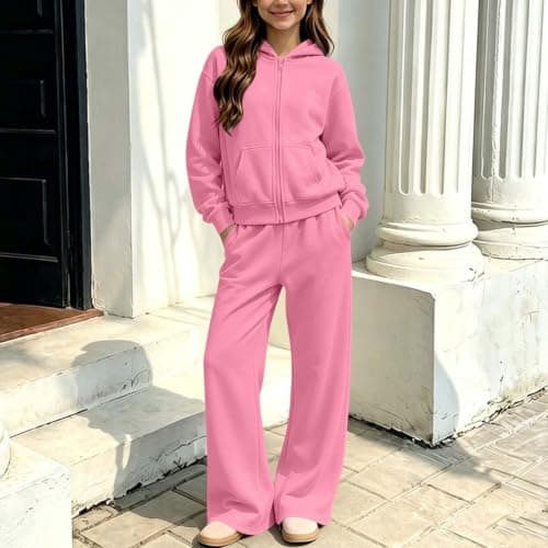 Slxbear Pink Girls 2 Piece Tracksuit Kids Zipper Hooded Tops Elastic Waist Trouser Outfits Long Sleeve Coat Wide Leg Pants Casual Sweatsets Solid Loose Soft Lightweight Travel Sets 13-14 Years — view 2