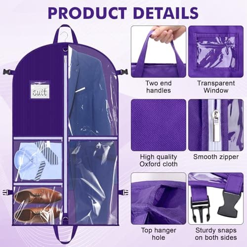 Hejo Dance Costume Bag with Compartments, 110×60cm Foldable Dance Costume Bag, Travel Garment Bag with 5 Clear Zipper Pockets, Waterproof Suit Cover, Suit Carrier for Coat Jacket Dress(Purple) — view 3