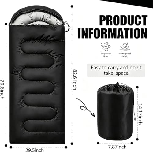 Sleeping Bag for Adults & Kids, 3-4 Season Sleeping Bags With Compact Bag, Ultralight, Soft, Warm Sleep Bag for Boys Girls Outdoor Camping, Travel, Hiking, Backpacking, Black Warm Weather 15-30°C — view 2