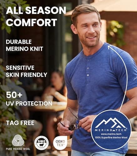 100% Merino Short Sleeve Shirts Men, Henley T-Shirt Mens, Shirt with Pocket (Medium, Heather Grey Hnly) — view 4